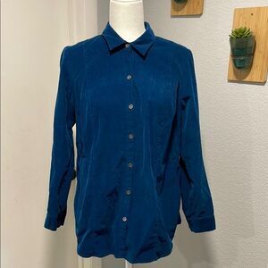 J. Jill Corduroy Blue 100% Cotton Button Down Blouse Size Medium Petite